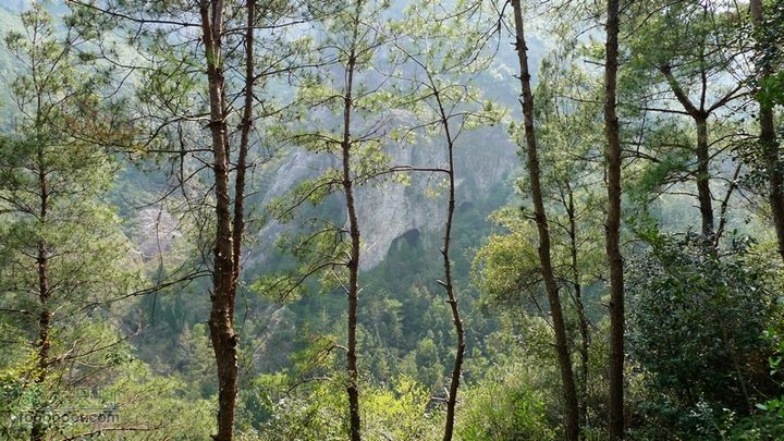 雁荡山梯云谷穿越至雁湖景区远处岩壁上的石洞