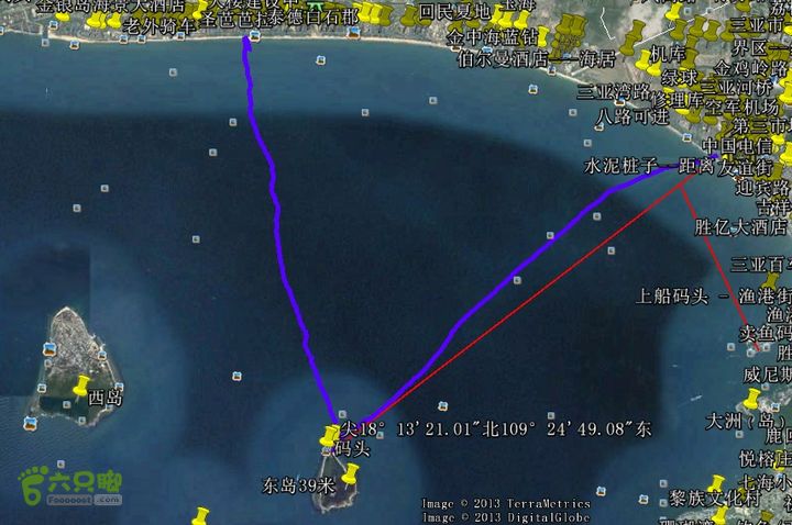 2013-12-26 横渡三亚湾东岛1226横渡东岛概图： 西线为横渡实际轨迹， 东线为坐船返回轨迹。