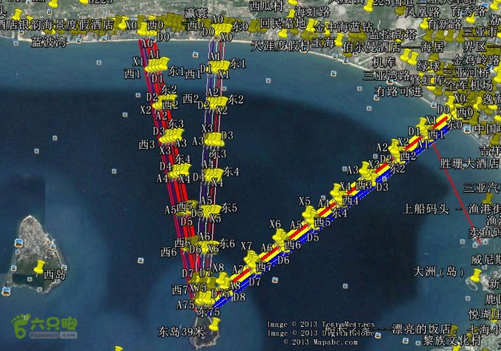 2013-12-26 横渡三亚湾东岛1226横渡东岛方案。 不断向西修改下水地点方案。 最终确定了最正确的横渡规划轨迹。