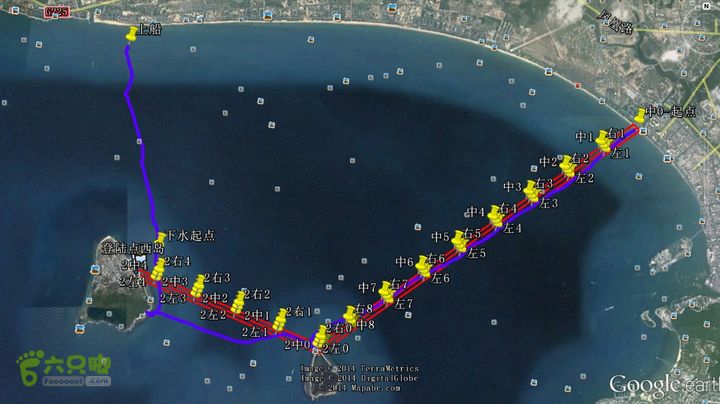 2014-03-27 三亚东岛+西岛串联横渡-创造新的历史！327横渡总图： 红色为规划的导航轨迹。 东岛至西岛临时修改预案。 