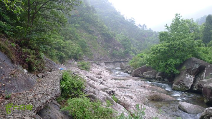 雁荡山狮子山五马尖筋竹涧溪边的栈道上散落的垃圾