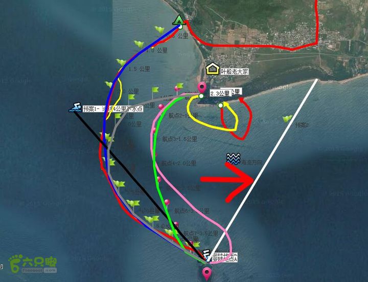 20151220横渡三亚东锣岛-创造新辉煌！横渡东锣岛规划轨迹路线总图。 实际执行蓝色轨迹，实际完成时记录的轨迹是红色。