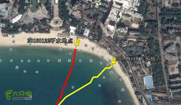 20160122-大小东海连贯横渡--休闲游两次的不同下水点， 相差 180 米。 