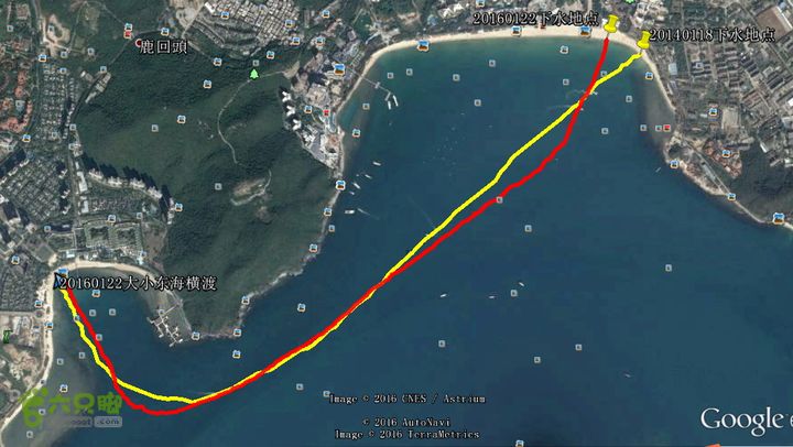 20160122-大小东海连贯横渡--休闲游红色-本次轨迹。 黄色-20140118轨迹。