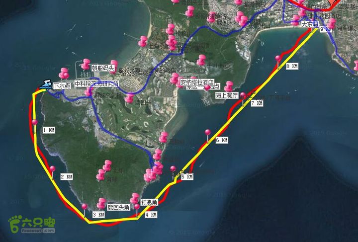 20160203-三亚湾游泳队十公里挑战鹿回头角外海域无导航游行。 黄色为规划轨迹， 红色为实际游行轨迹。